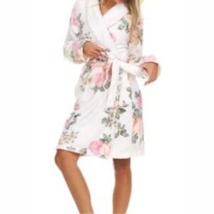 Flora Nikrooz Floral Print Soft Fleece Kimono Style Robe White/Pink WMs L/XL NWT